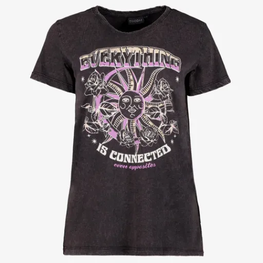 TwoDay Dames T-shirt acid wash zwart met opdruk Online