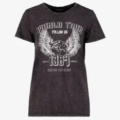 TwoDay Dames T-shirt acid wash zwart met witte opdruk Discount