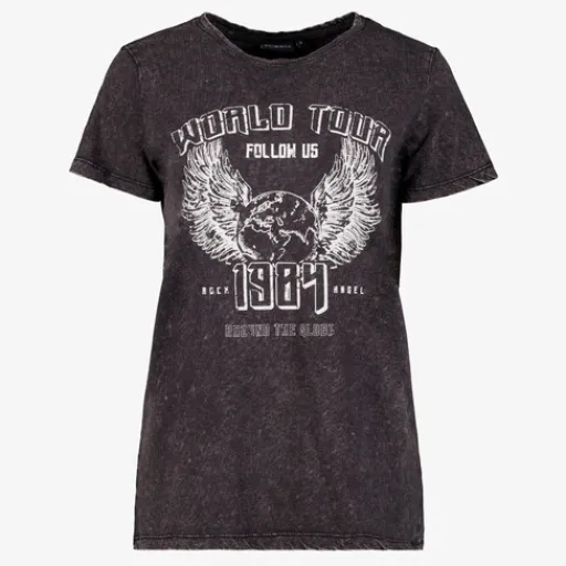 TwoDay Dames T-shirt acid wash zwart met witte opdruk Discount