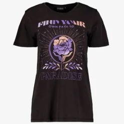 TwoDay Dames T-shirt acid wash zwart met roos Hot