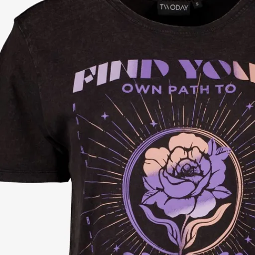 TwoDay Dames T-shirt acid wash zwart met roos Hot