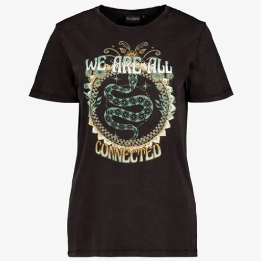 TwoDay Dames T-shirt acid wash zwart met print