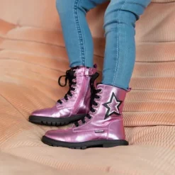 Braqeez Leren meisjes veterboots paars met ster New