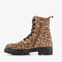 Braqeez Leren meisjes veterboots met panterprint bruin Best