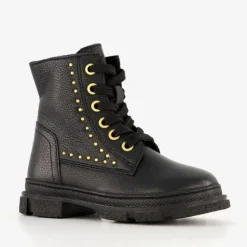 Groot Leren meisjes veterboots met studs zwart