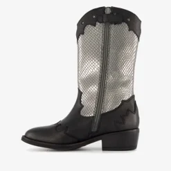 Groot Leren meisjes western laarzen zwart zilver Hot