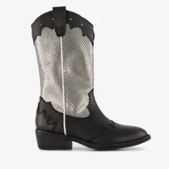 Groot Leren meisjes western laarzen zwart zilver Hot