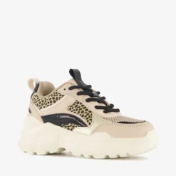 Blue Box Meisjes dad sneakers met panterprint details beige